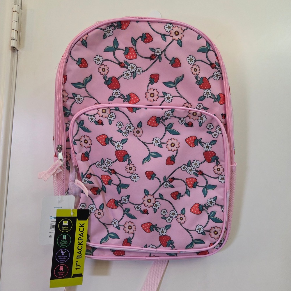 Wonder Nation Pink Strawberry Floral 17 Inch Backpack Laptop Sleeve NWT